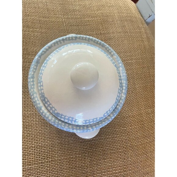 Vintage Spongeware, Cottagecore Blue Heart Lidded Jar, Sugar, Kitchenware, 4 1/4 - Picture 2 of 5